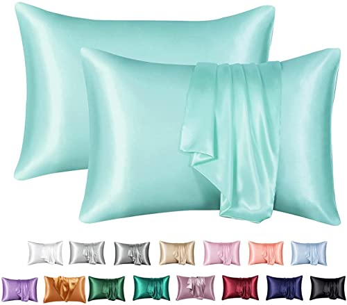 JinweiS Hair and Skin Satin-Kissenbezug, Queen-Seide, glatt, 50,8 x 76,2 cm, 2-teiliges Set mit Hotelverschluss, Hellgrün von JinweiS