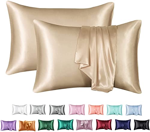 JinweiS Hair and Skin Satin-Kissenbezug, Queen-Seide, glatt, 50,8 x 76,2 cm, 2-teiliges Set mit Hotelverschluss, Khaki von JinweiS
