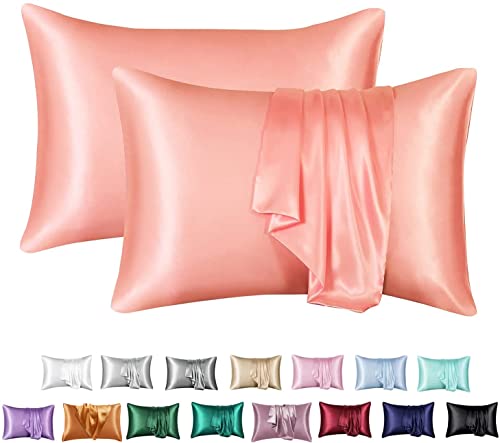 JinweiS Hair and Skin Satin-Kissenbezug, Queen-Seide, glatt, 50,8 x 76,2 cm, 2-teiliges Set mit Hotelverschluss, Korallenrosa von JinweiS