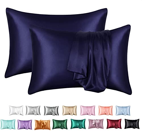 JinweiS Hair and Skin Satin-Kissenbezug, Queen-Seide, glatt, 50,8 x 76,2 cm, 2-teiliges Set mit Hotelverschluss, Marineblau von JinweiS