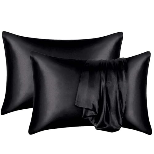 JinweiS Hair and Skin Satin-Kissenbezug, Queen-Seide, glatt, 50,8 x 76,2 cm, 2-teiliges Set mit Umschlagsiegel, Schwarz von JinweiS