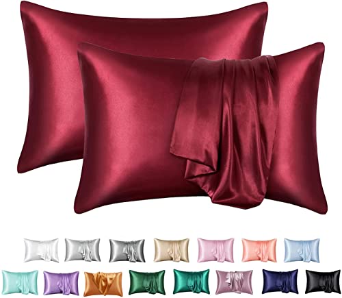 JinweiS Hair and Skin Satin-Kissenbezug, Queen-Seide, glatt, 50,8 x 76,2 cm, 2-teiliges Set mit Umschlagsiegel, Weinrot von JinweiS