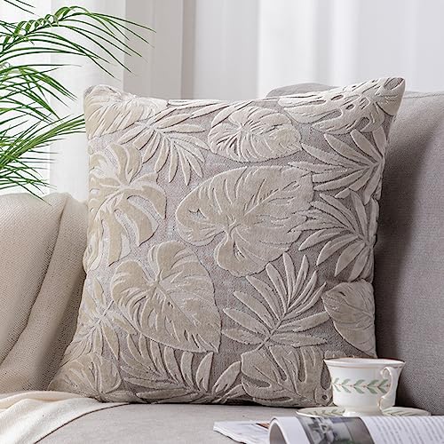 JinweiS Quadratischer Kissenbezug mit tropischen Blättern, Samt, dekorativer Kissenbezug, luxuriös, moderner Akzent, für Sofa, Couch, Wohnzimmer (Beige, 45,7 x 45,7 cm) von JinweiS