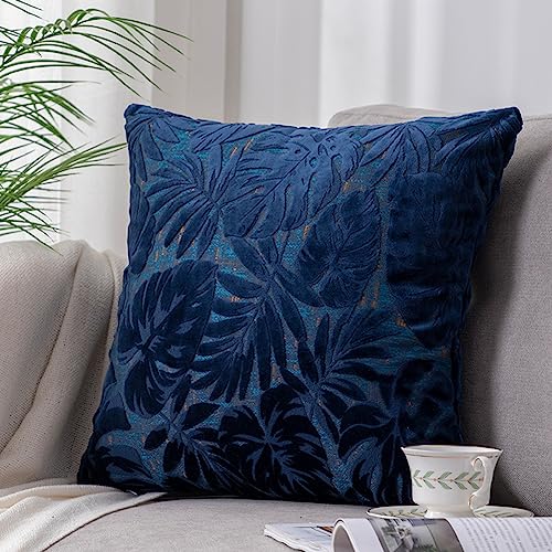 JinweiS Quadratischer Kissenbezug mit tropischen Blättern, Samt, dekorativer Kissenbezug, luxuriös, moderner Akzent, für Sofa, Couch, Wohnzimmer (Dunkelblau, 45,7 x 45,7 cm) von JinweiS