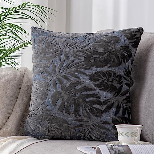 JinweiS Quadratischer Kissenbezug mit tropischen Blättern, Samt, dekorativer Kissenbezug, luxuriös, moderner Akzent, für Sofa, Couch, Wohnzimmer (Grau, 45,7 x 45,7 cm) von JinweiS