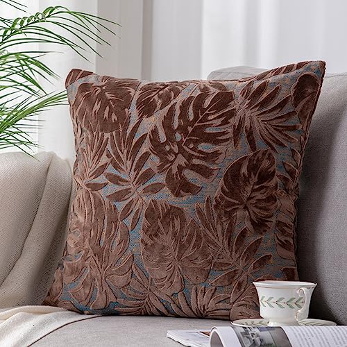 JinweiS Quadratischer Kissenbezug mit tropischen Blättern, Samt, dekorativer Kissenbezug, luxuriös, moderner Akzent, für Sofa, Couch, Wohnzimmer (Kamel, 45,7 x 45,7 cm) von JinweiS