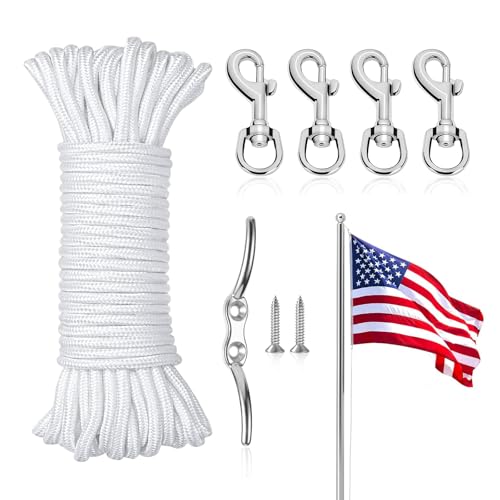 30,5 m Fahnenmast-Seil-Set, 5/16 Zoll Flaggenseil mit 15,2 cm Zinklegierungsklampe + 4 drehbare Metall-Schnapp-Clips, Ersatz-Reparaturzubehör für Veranda und Garten, 30,5 m, Weiß von Jinzhenhong