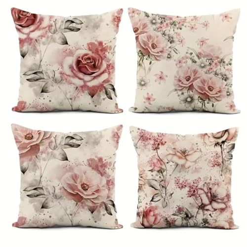 4er Set Dekorative Kissenbezüge 35x35cm Kissenhülle Baumwolle Leinen Outdoor Kissenbezug Zierkissenbezug mit Verstecktem Reißverschluss für Sofa Schlafzimmer Zuhause Dekor Schöne rosa Blumen,14x14in 4er Set Dekorative Kissenbezüge 35x35cm Kissenhülle Baumwolle Leinen Outdoor Kissenbezug Zierkissenbezug mit Verstecktem Reißverschluss für Sofa Schlafzimmer Zuhause Dekor Schöne rosa Blumen,14x14in von Jiorn