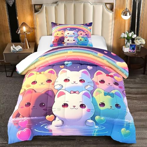 Jiospet Regenbogen-Katzen-Bettdecke, Doppelbettgröße – Regenbogen-Katzen-Bettwäsche für Mädchenzimmer, niedliches Cartoon-Regenbogen-Bettwäsche-Set für Kinder, 1 Bettdecke + 1 Kissenbezug Jiospet Regenbogen-Katzen-Bettdecke, Doppelbettgröße – Regenbogen-Katzen-Bettwäsche für Mädchenzimmer, niedliches Cartoon-Regenbogen-Bettwäsche-Set für Kinder, 1 Bettdecke + 1 Kissenbezug von Jiospet