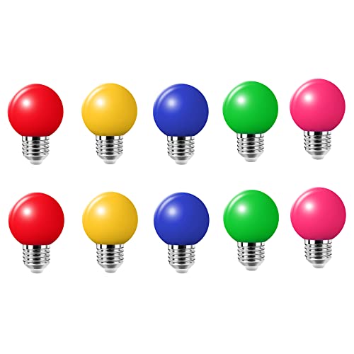 Jiotouhu E27 Farbige Glühbirne, 2W G45 Farbige Glühbirnen, Gemischte Farben LED Leuchtmittel,für Lichterkette Bunt Halloween Party Dekoration, Rot Gelb Blau Grün rosa,10er Pack von Jiotouhu