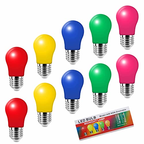 Jiotouhu 10er Pack Farbige LED Leuchtmitte 3W E27 A50 Gemischt Rot Gelb Grün Blau Pink,Bunte Glühbirnen für Hochzeit Halloween Weihnachten Party Bar von Jiotouhu