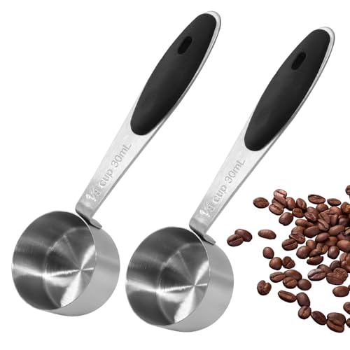 Jiozermi 2 Stück 1/8 Tasse Messbecher, Edelstahl-Messschaufeln 30 ml Kaffeelöffel mit schwarzem Silikongriff und innerer Präzisionsskala Jiozermi 2 Stück 1/8 Tasse Messbecher, Edelstahl-Messschaufeln 30 ml Kaffeelöffel mit schwarzem Silikongriff und innerer Präzisionsskala von Jiozermi