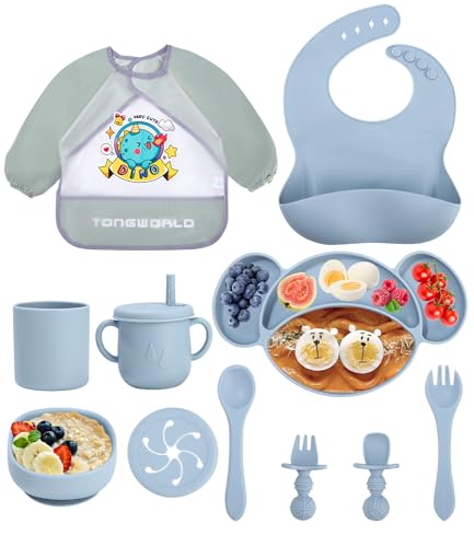 Jissta Silikon Baby Geschirrset,Baby-Teller,11-teiliges Set Kinderteller mit Saugnapf,Wasserdicht Babylätzchen,Silikonteller rutschfest BPA frei (Blau) von Jissta