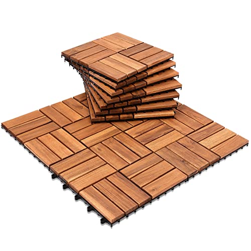 Jiubiaz 11x Holzfliesen aus Akazienholz, Holzfliesen Balkon 30 x 30cm, Terrassenfliesen, Bodenbelag mit Drainage, Fliese Leicht verlegbar(12 Latten | 1 m²) von Jiubiaz