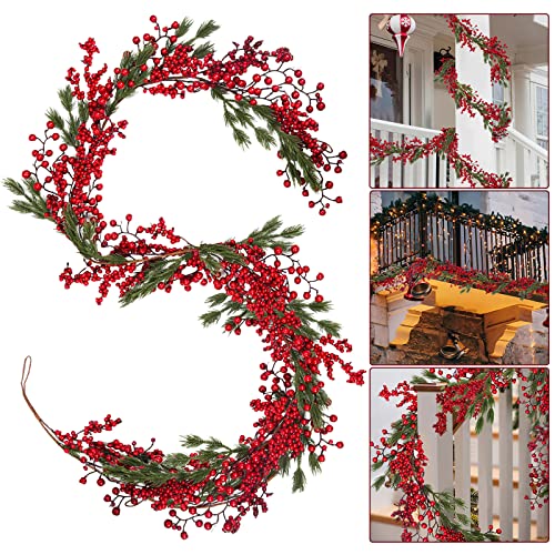 Jiubiaz 180CM Weihnachtsgirlande Roter Beerenkranz, Weihnachten Girlanden mit roten Beeren, Beerengirlande Stechpalme Deko, für Kamin Treppen Tisch Dekoration von Jiubiaz