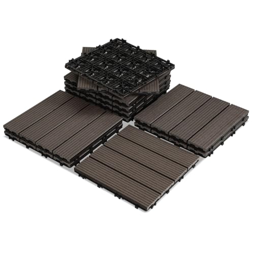 Jiubiaz 30x30cm WPC Terrassenfliesen, WPC Klickfliese Terrassenfliesen mit Klick-System, Bodenbelag für Balkon Terrasse - wetterfest mit Drainagefunktion, 55 Stück für 5m² Coffee von Jiubiaz