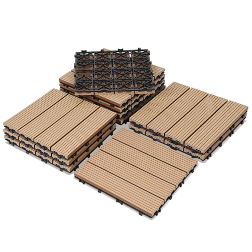 Jiubiaz 30x30cm WPC Terrassenfliesen, WPC Klickfliese Terrassenfliesen mit Klick-System, Bodenbelag für Balkon Terrasse - wetterfest mit Drainagefunktion, 66 Stück für 6m² Teak von Jiubiaz