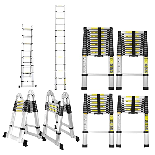 Jiubiaz 5M Teleskopleiter Klappleiter Aluminium, Tragbar Mehrzweckleiter Ausziehleiter, 2,5M+2,5M Faltbar Stehleiter, Alu-Teleskopleiter Rutschfester, Bis 150 kg Belastbarkeit von Jiubiaz