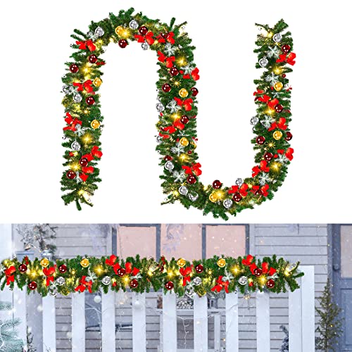 Jiubiaz 5m Weihnachtsgirlande Künstliche Tannengirlande Grün mit 100 LEDs Warmweiß inkl. Glänzend Kugeln Deko, Weihnachtskranz Türkranz Girlande für Haus Treppen Haustür Display von Jiubiaz