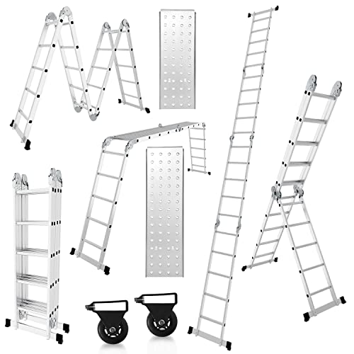 Jiubiaz 7in1 Mehrzweckleiter, 582CM 4x5 Stufen Alu Multifunktionsleiter mit 2 Plattform und Räder, Vielzweckleiter Klappleiter 20 Sprossen, Max Belastung 150 kg, Gelenkleiter von Jiubiaz