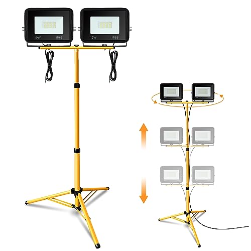 Jiubiaz Baustrahler LED mit Stativ, 2x10W Arbeitsstrahler 900LM Bauscheinwerfer 6000K Kaltweiß, Höhenverstellbar Stativ und 1m Kabel, IP66 Wasserdicht Baulampe Schuppen (kein Stecker) von Jiubiaz