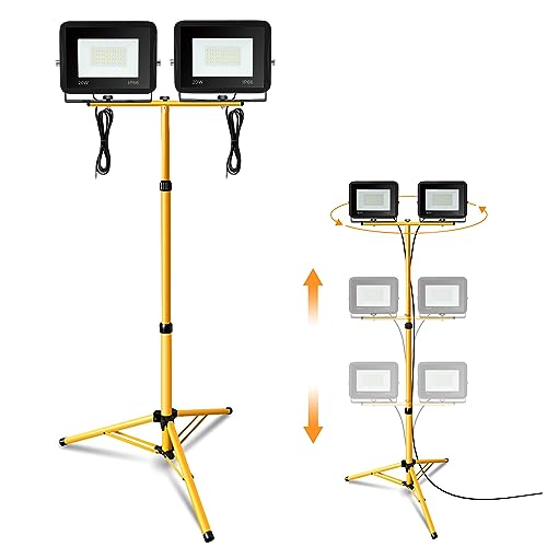 Jiubiaz Baustrahler LED mit Stativ, 2x20W Arbeitsstrahler 1700LM Bauscheinwerfer 6000K Kaltweiß, Höhenverstellbar Stativ und 1m Kabel, IP66 Wasserdicht Baulampe Schuppen (kein Stecker) von Jiubiaz