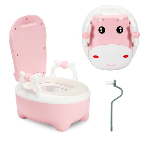 Jiubiaz Kinder Töpfchen, Baby Toilette Toilettensitz,Typ der Schublade Baby Potty, Toilettentrainer mit Griffe, Bürste, weiches PU-Kissen, Babytopf Anti-Spritzschutz, Cartoon Deckel（Rosa） von Jiubiaz