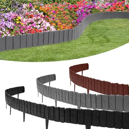 Jiubiaz Kunststoff Rasenkante 2.28M Holz Optik Garden Border aus Polypropylen Anthrazit 4 Stück Palisade Beetumrandung Rasenkante Beeteinfassung 1 Element LxH: 57x21 cm von Jiubiaz