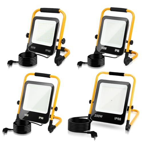 Jiubiaz LED Baustrahler 100W 10000LM Baustellenlampe IP66 Wasserdicht Arbeitsleuchte Strahler 6000K Kaltweiß Bauscheinwerfer 3M Kabel und Faltbarer Ständer für Baustelle Garage Werkstatt（4 Stücke) von Jiubiaz