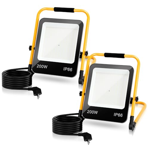 Jiubiaz LED Baustrahler 50W 5100LM Baustellenlampe IP66 Wasserdicht Arbeitsleuchte Strahler 6000K Kaltweiß Bauscheinwerfer 3M Kabel und Faltbarer Ständer für Baustelle Garage Werkstatt（2 Stücke) von Jiubiaz