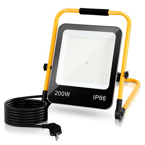 Jiubiaz LED Baustrahler 50W 5100LM Baustellenlampe IP66 Wasserdicht Arbeitsleuchte Strahler 6000K Kaltweiß Bauscheinwerfer 3M Kabel und Faltbarer Ständer für Baustelle Garage Werkstatt von Jiubiaz