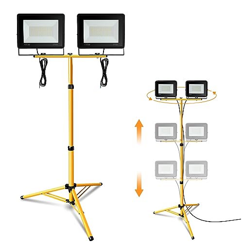 Jiubiaz LED Baustrahler mit Stativ, 2x100W 8500LM LED Strahler 6000K Kaltweiß Baustellenleuchte mit 1m Kabel, HöHenverstellbar 360 Grad Drehbar, IP66 Wasserdicht fü Innen-Außen(kein Stecker) von Jiubiaz