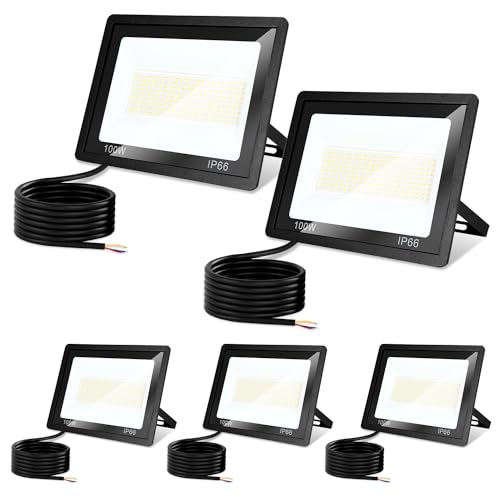 Jiubiaz LED Strahler Außen 100w, 3000K/4000K/6500K LED Strahler Dimmbar, Superhell LED Fluter Flutlichtstrahler, IP66 Wasserdicht LED Scheinwerfer Aussenstrahler für Hof, Garten, Garage(5 Stück) von Jiubiaz