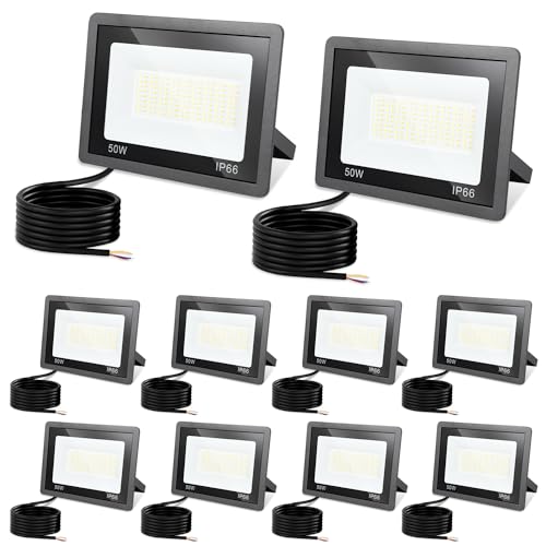 Jiubiaz LED Strahler Außen 50W, 3000K/4000K/6500K Dimmbar, Superhell Fluter Flutlichtstrahler, IP66 Wasserdicht Scheinwerfer Aussenstrahler für Hof, Garten, Garage (10 Stück) von Jiubiaz