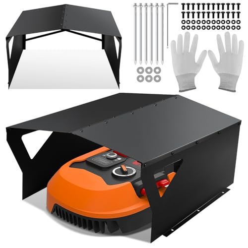 Jiubiaz Mähroboter Garage Verzinktem Schutzüberdachung Carport Überdachung für Rasenmäher Rasenroboter mit Handschuhe und UV-Schutz | ideal Gegen Regen und Hagel 78x60x34cm Schwarz von Jiubiaz