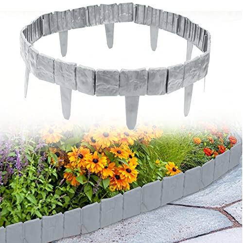 Jiubiaz Rasenkante Kunststoff 10M Grau Beetumrandung Mähkante 40 Stücke Randsteine Kunststoff Beeteinfassung Gartenzaun 1 Element (L x H): 25x23cm von Jiubiaz