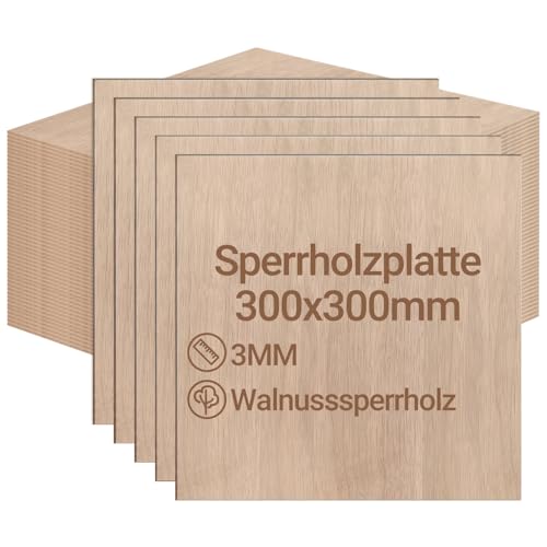 Jiubiaz Sperrholzplatte 3mm 300x300mm 30 Stück Walnuss holzplatte Zuschnitt Nach Bastelhölzer Holz für Modellbau Laserschnit Laser Gravur Holz Brennen Malerei DIY Ölmalerei von Jiubiaz