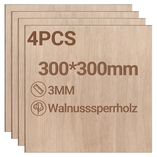Jiubiaz Sperrholzplatte 3mm 300x300mm 4 Stück Walnuss holzplatte Zuschnitt Nach Bastelhölzer Holz für Modellbau Laserschnit Laser Gravur Holz Brennen Malerei DIY Ölmalerei von Jiubiaz