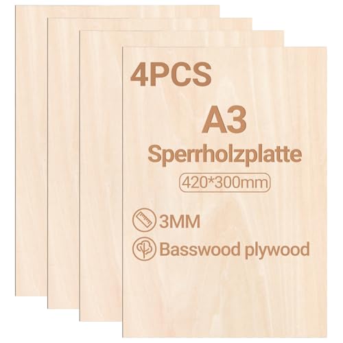 Jiubiaz Sperrholzplatte 3mm 420x300mm 4 Stück Linde holzplatte Zuschnitt Nach Bastelhölzer Holz für Modellbau Laserschnit Laser Gravur Holz Brennen Malerei DIY Ölmalerei von Jiubiaz