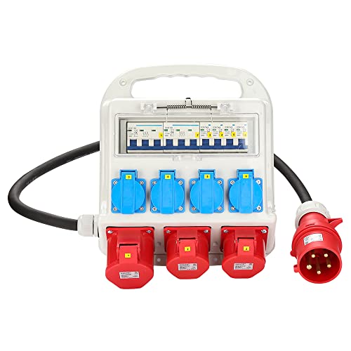 Jiubiaz Stromverteiler Baustromverteiler 5 Polig IP44 Schutzkontaktsteckdosen Wandverteiler，2 x CEE 16A 400V+1 x CEE 32A 400V+4 x 230V Schuko von Jiubiaz
