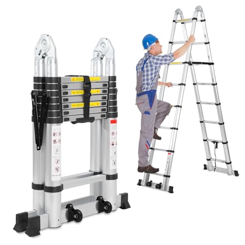 Jiubiaz Teleskopleiter 5M (2.5M+2.5M), Leiter Aluminium Ausziehbare mit Abnehmbarem Rollen und Stabilisatoren, Tragbar A-Rahmen Mehrzweckleiter, Max Belastung 150 kg(Silber) von Jiubiaz