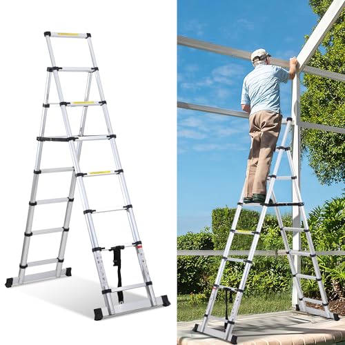 Jiubiaz Teleskopleiter Klappleiter, 2M+2.3M Aluminiumleiter A-Rahmen 6+7 Sprossen, Rutschfester Mehrzweckleiter Ausziehbare Leiter mit Stabilisatoren, Max Belastung 150 kg von Jiubiaz