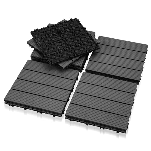 Jiubiaz WPC Fliesen, 30x30cm 66er für 6m² WPC Terrassenfliesen Balkon Bodenfliese mit Klick-System, Terrassendielen Wetterfest mit Drainage, Anthrazit von Jiubiaz