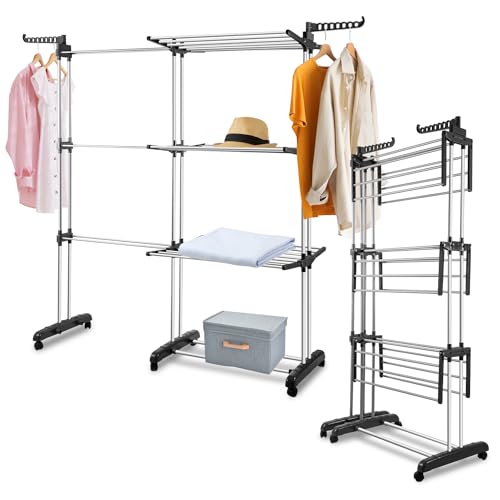 Jiubiaz Wäscheständer Turm,wäscheständer ausziehbar Länge 75-150cm,wäscheständer platzsparend,4 Etagen mit 2 klappbaren Flügeln,360°drehbare Rollen,Wäscheturm für draußen und drinnen Jiubiaz Wäscheständer Turm,wäscheständer ausziehbar Länge 75-150cm,wäscheständer platzsparend,4 Etagen mit 2 klappbaren Flügeln,360°drehbare Rollen,Wäscheturm für draußen und drinnen von Jiubiaz