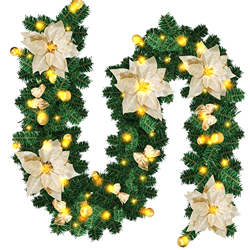 Jiubiaz Weihnachtsgirlande mit Beleuchtung 2.7M/9Ft Künstlich Tannengirlande 50 LEDs Warmweiß Lichterkette Girlande mit Golden Blumen, 38 Glänzend Kugeln, für Haus Treppen Kamin Weihnachtsdeko von Jiubiaz