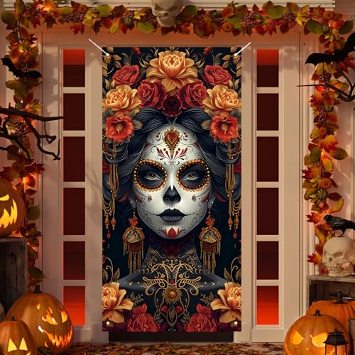 Dia De Los Muertos Türabdeckung Tag der Toten Veranda Schild Banner Gothic Halloween Zucker Schädel Ringelblume Blumen Dekorationen und Zubehör für Zuhause Dia De Los Muertos Türabdeckung Tag der Toten Veranda Schild Banner Gothic Halloween Zucker Schädel Ringelblume Blumen Dekorationen und Zubehör für Zuhause von Jiudungs