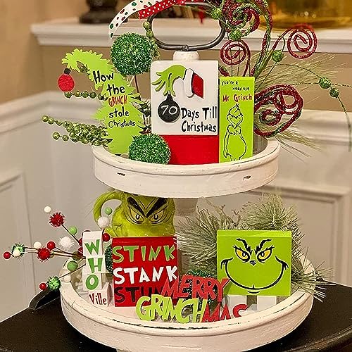 Grinch Weihnachten Tiered Tray Decorations Set 6pcs Grinch Wooden Sign Table Decor Whoville Christmas Xmas Winter Holiday Home Kitchen Dinging Room Table Decorations and Supplies von Jiudungs