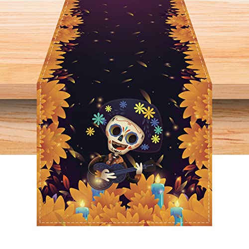 Jiudungs Tischläufer aus Leinen, 33 x 183 cm, Tag der Toten, Dia De Los Muertos – Tischdekoration mit mexikanischem Thema und Zubehör für das Haus von Jiudungs