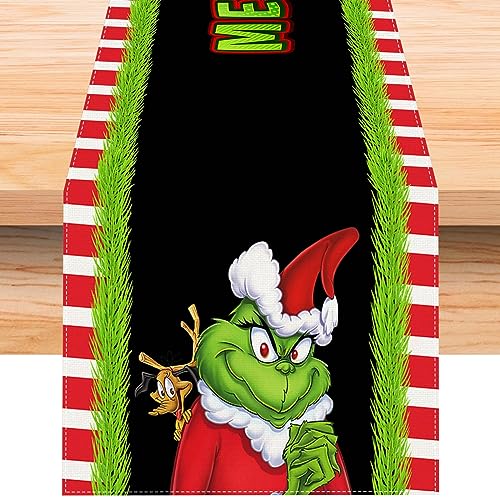 Leinen Grinch Weihnachten Tischläufer 274 cm lang Grinch Decor Whoville Weihnachten Xmas Winter Urlaub Zuhause Küche Esszimmer Tischdekorationen von Jiudungs