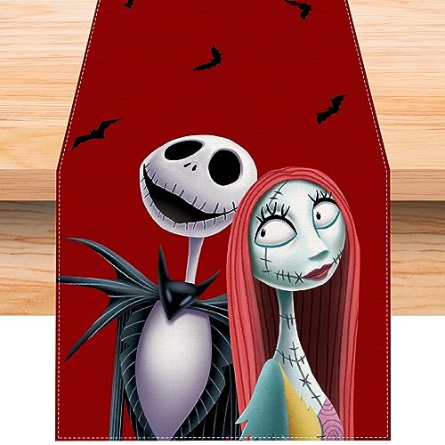 Red Nightmare Before Christmas Tischläufer 183 cm lang Gothic Jack Skellington und Sally Halloween Weihnachten Weihnachten Winter Urlaub Zuhause Küche Esszimmer Tischdekorationen von Jiudungs